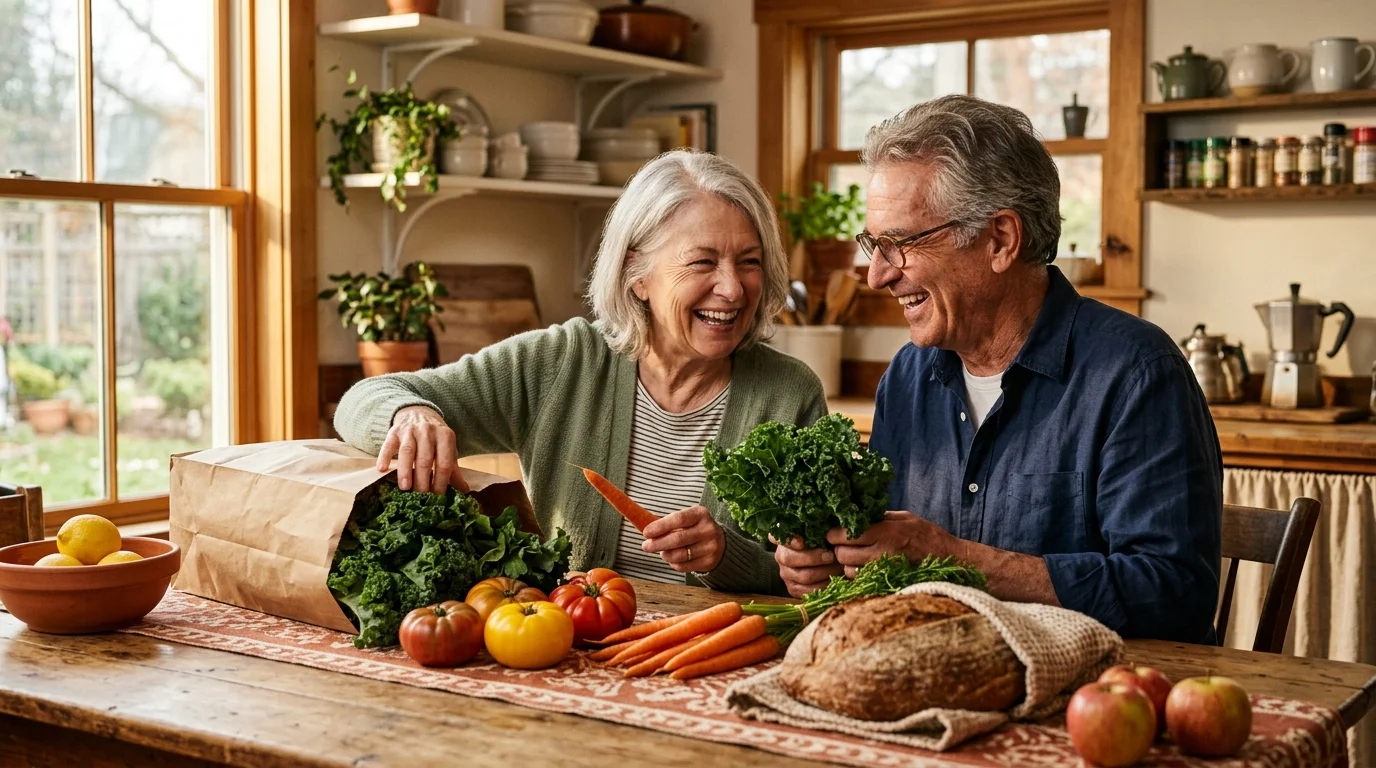 An older couple laughing while unpacking fresh vegetables and bread from a grocery bag onto a sunlit wooden kitchen table.