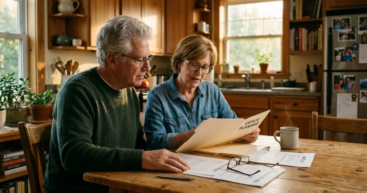 An older couple reviewing estate planning documents together at a warm kitchen table.