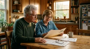 An older couple reviewing estate planning documents together at a warm kitchen table.