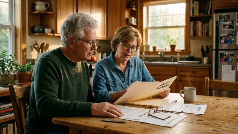An older couple reviewing estate planning documents together at a warm kitchen table.