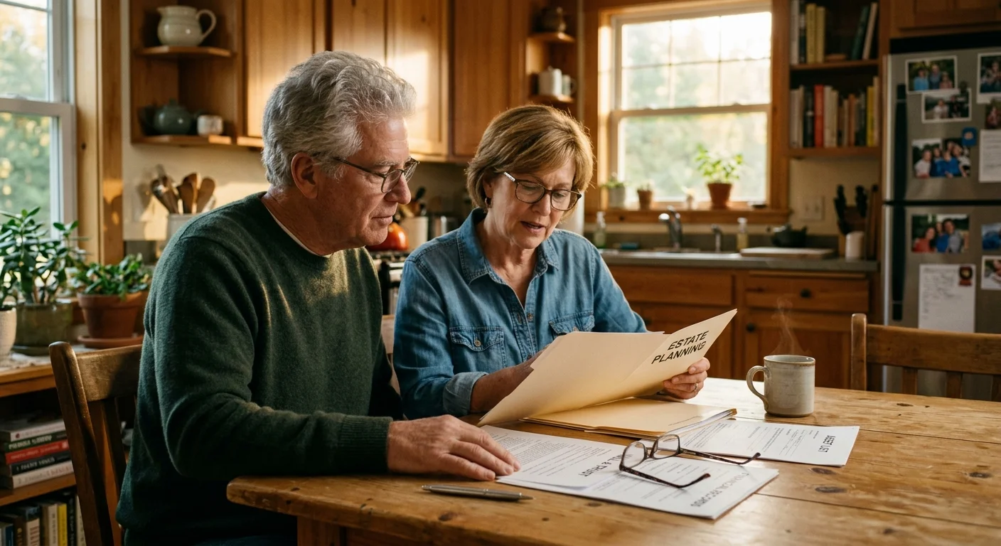 An older couple reviewing estate planning documents together at a warm kitchen table.