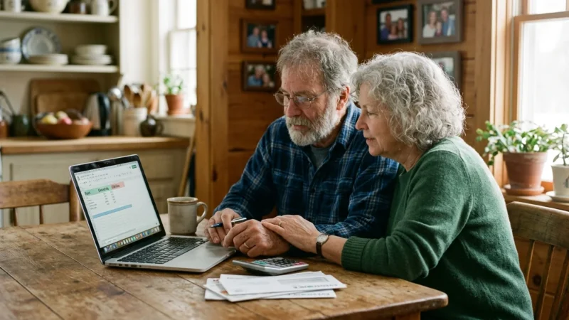 An older couple reviews finances at their wooden dining table in warm morning light, with a laptop, calculator, and bills nearby.
