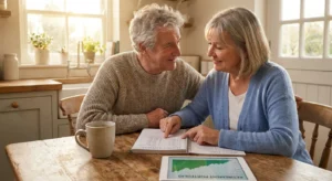 An older couple sitting at a wooden kitchen table, collaboratively planning their budget with a notebook and a tablet showing a trend line.