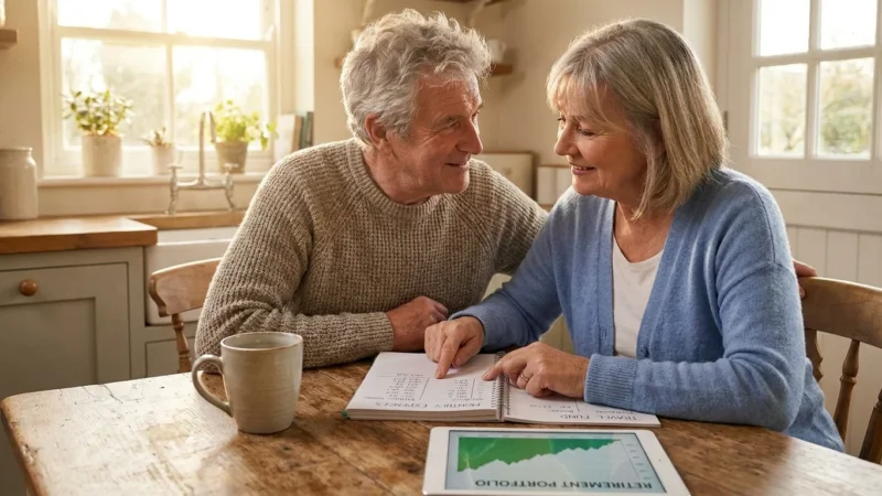 An older couple sitting at a wooden kitchen table, collaboratively planning their budget with a notebook and a tablet showing a trend line.