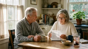 An older couple sitting in a warm, sunlit kitchen reviewing a personal budget planner together.