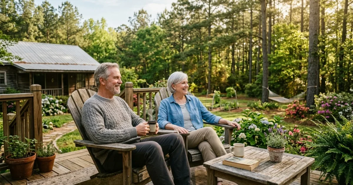 An older couple sitting on a sunny wooden deck of an affordable home, enjoying coffee and looking out at a peaceful green yard.
