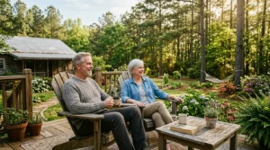 An older couple sitting on a sunny wooden deck of an affordable home, enjoying coffee and looking out at a peaceful green yard.
