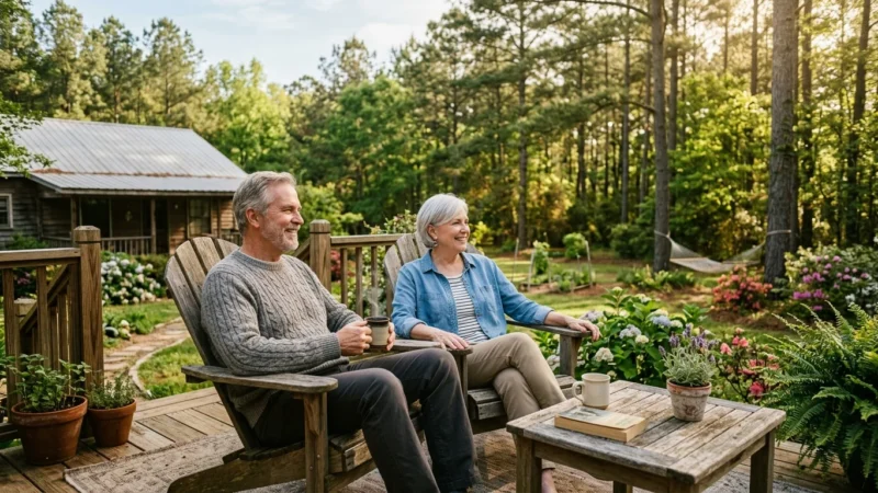 An older couple sitting on a sunny wooden deck of an affordable home, enjoying coffee and looking out at a peaceful green yard.