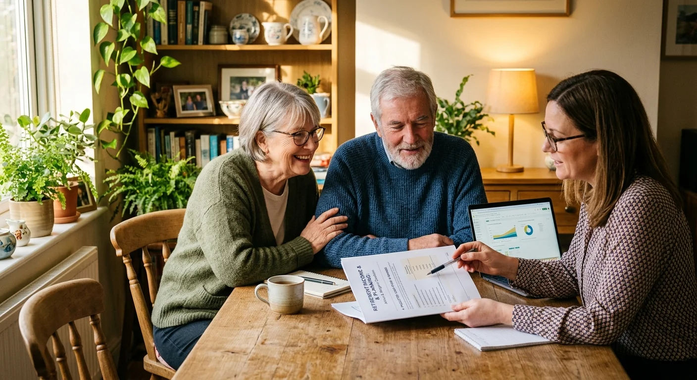 An older couple sitting with a financial planner in a cozy home environment, reviewing a retirement plan together.