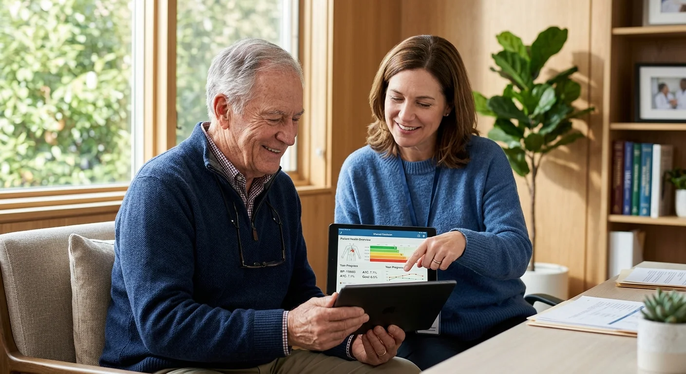 An older man and a doctor in a casual sweater sit together looking at a tablet during a friendly consultation.