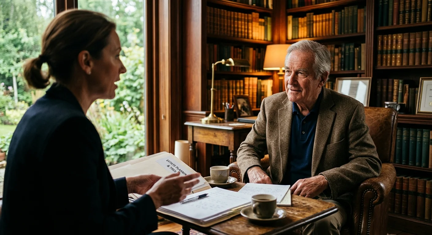 An older man consulting an estate planner in a warm, professional home office library.