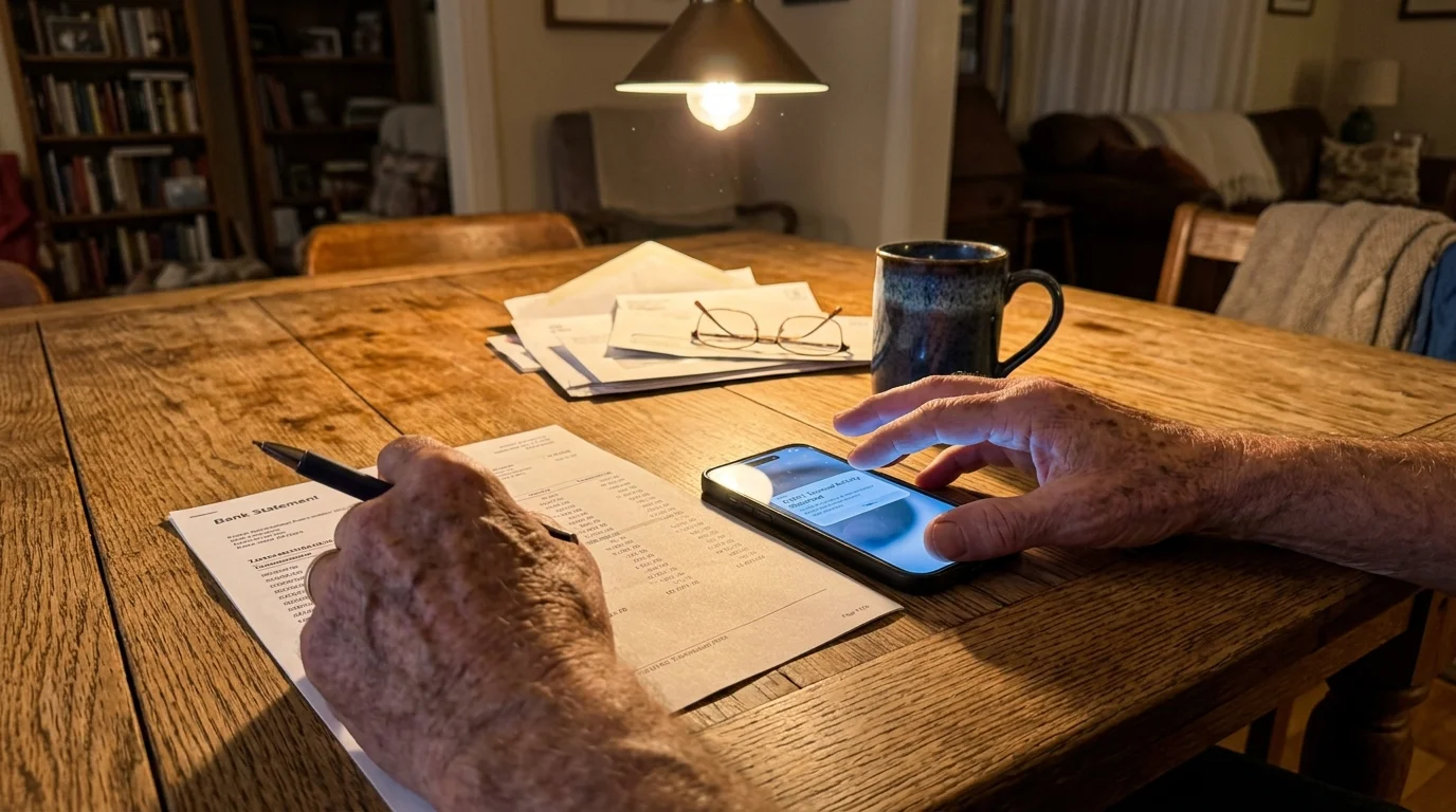 An older man's hands holding a pen over bank statements, looking at a glowing smartphone screen showing a financial alert.