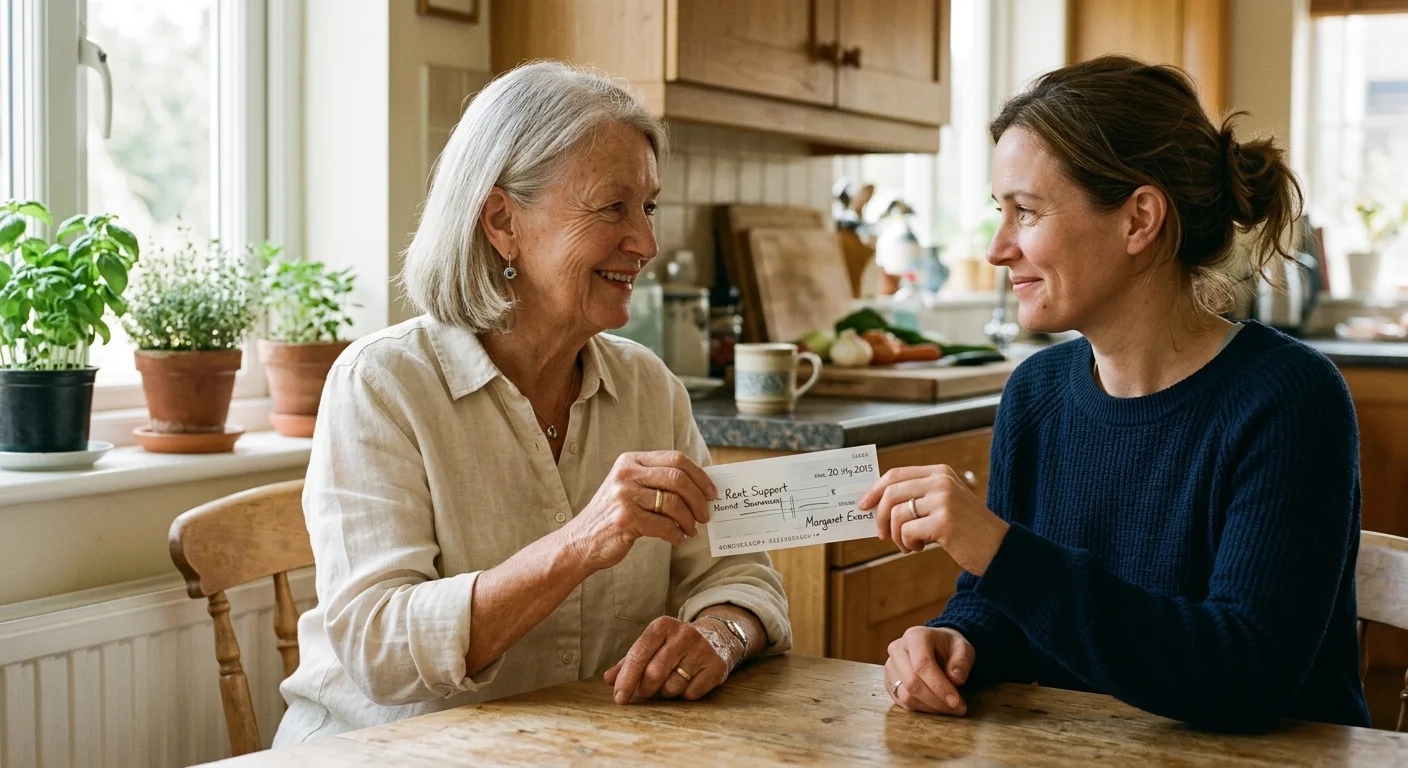 An older mother hands a check to her adult daughter in a sun-drenched, cozy kitchen.