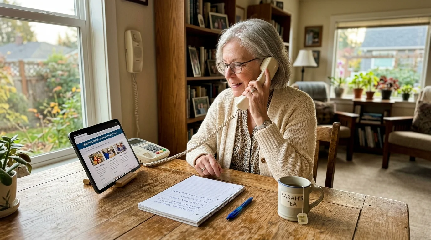 An older woman at her kitchen table looking at a tablet while talking on the phone, taking notes on food assistance programs.