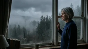 An older woman looking out of a window at a foggy, dark forest, representing the hidden risks of scenic retirement spots.