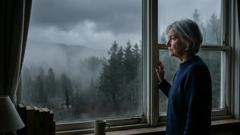 An older woman looking out of a window at a foggy, dark forest, representing the hidden risks of scenic retirement spots.