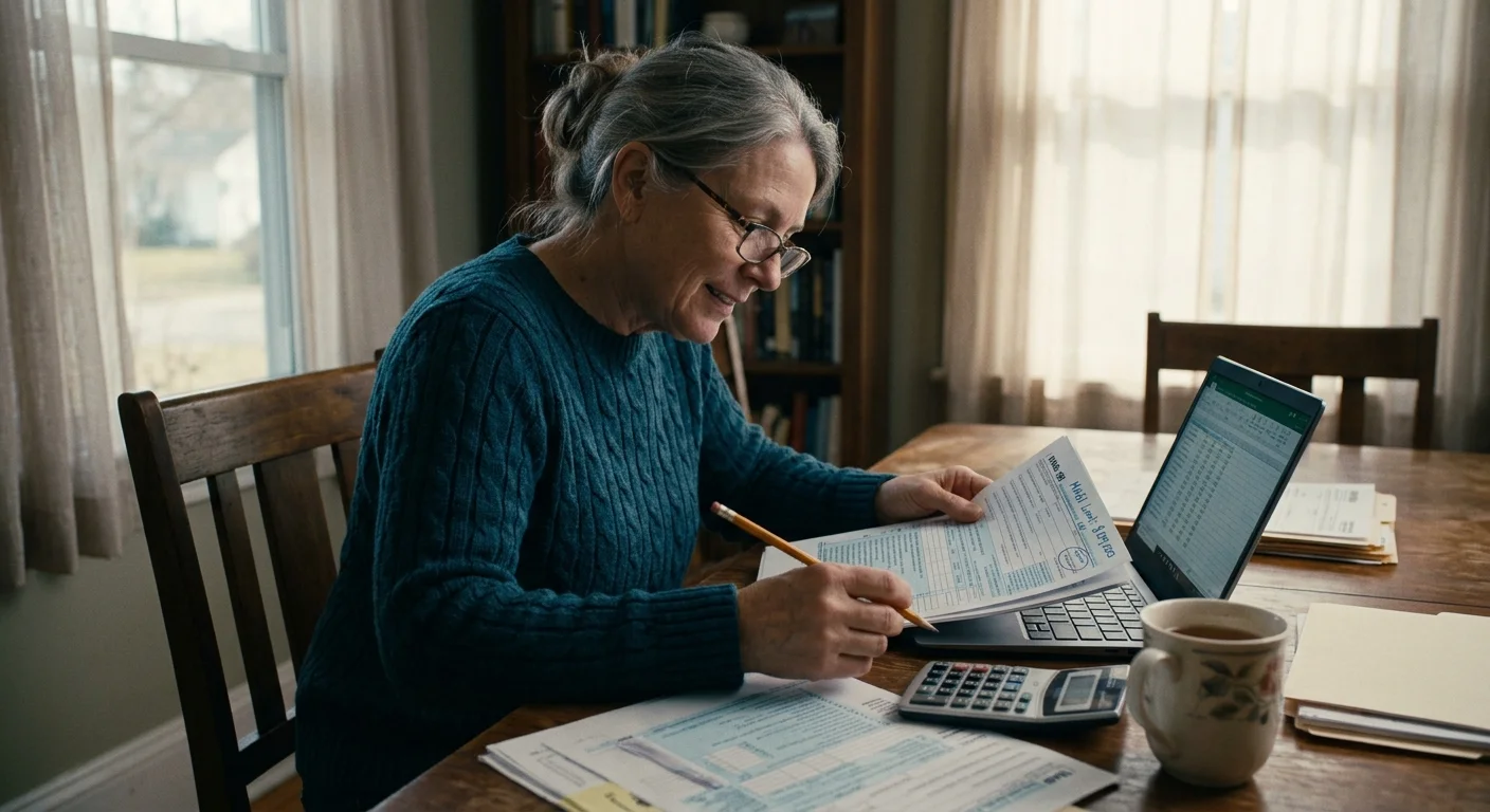 An older woman reviewing papers at her dining table with handwritten notes indicating a MAGI Limit of $109,000.
