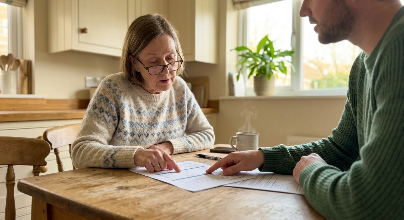 An older woman reviewing papers with a family advisor at a sunlit kitchen table in a candid, documentary photo style.