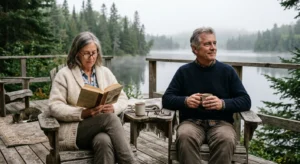 An unposed, warm photograph of a retired couple relaxing on a wooden deck by a misty lake in the morning light.