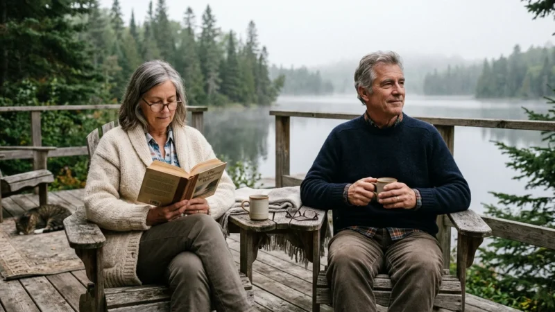 An unposed, warm photograph of a retired couple relaxing on a wooden deck by a misty lake in the morning light.