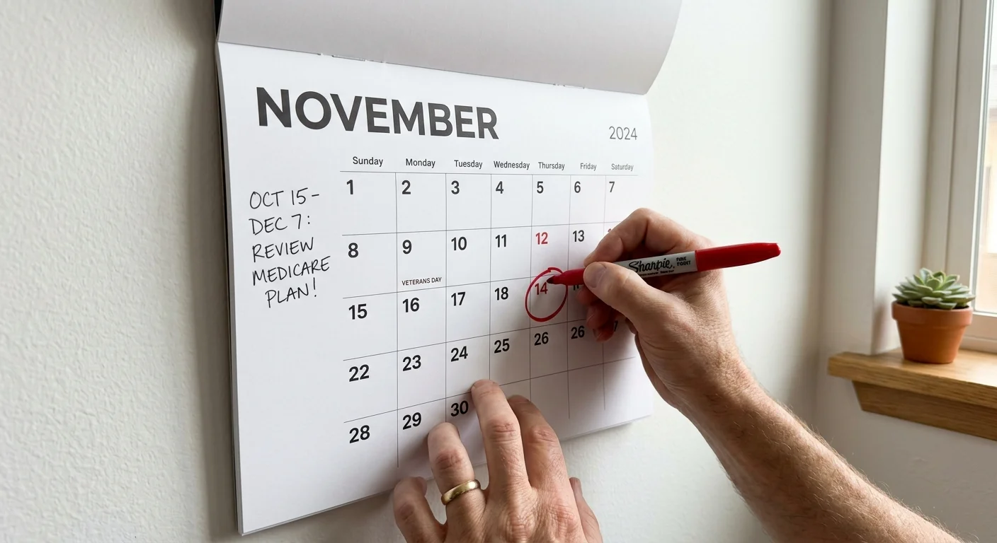 Close-up of hands circling a Medicare enrollment deadline on a paper wall calendar with a red marker.