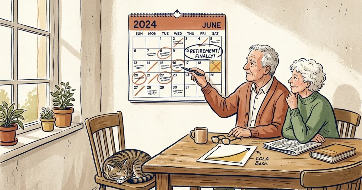 Illustration of a retired couple looking at a calendar and a compounding growth chart labeled COLA Base.