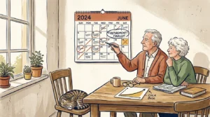 Illustration of a retired couple looking at a calendar and a compounding growth chart labeled COLA Base.
