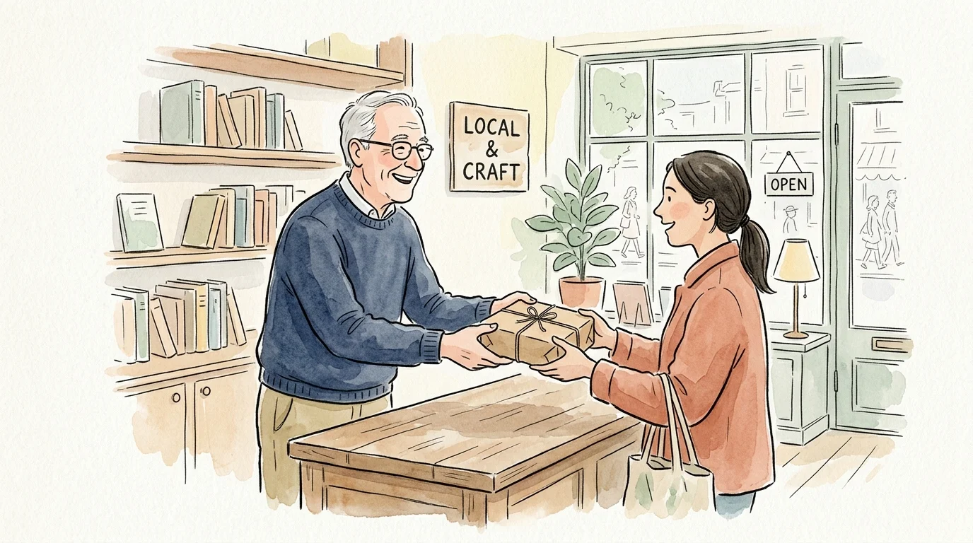 Ink and watercolor illustration of a friendly retired store employee handing a wrapped package to a customer in a warm shop.
