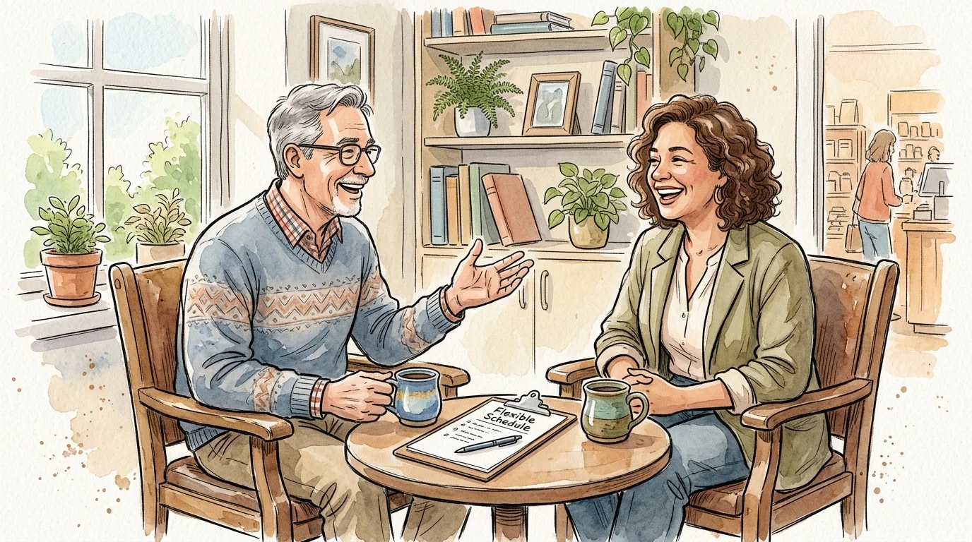 Ink and watercolor illustration of a relaxed, friendly job interview between a retiree and a store manager chatting over coffee.