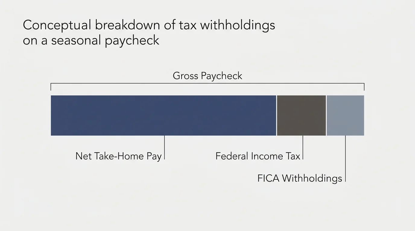 Minimalist graphic showing how a seasonal paycheck is divided into net take-home pay, federal taxes, and FICA withholdings.