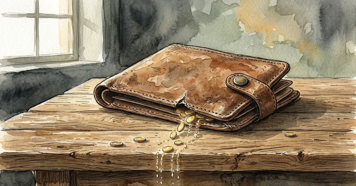 Watercolor and ink illustration of small golden coins slipping out of a tiny tear in a leather wallet, representing silent budget leaks.