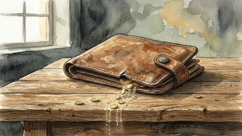 Watercolor and ink illustration of small golden coins slipping out of a tiny tear in a leather wallet, representing silent budget leaks.
