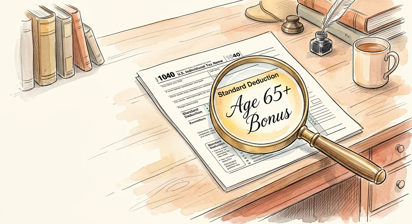 Watercolor illustration of a magnifying glass highlighting an extra standard deduction for seniors on a tax form.