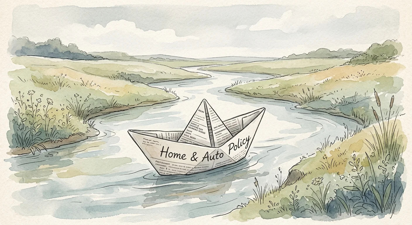 Watercolor illustration of a paper boat folded from an insurance policy drifting unguided down a quiet stream.