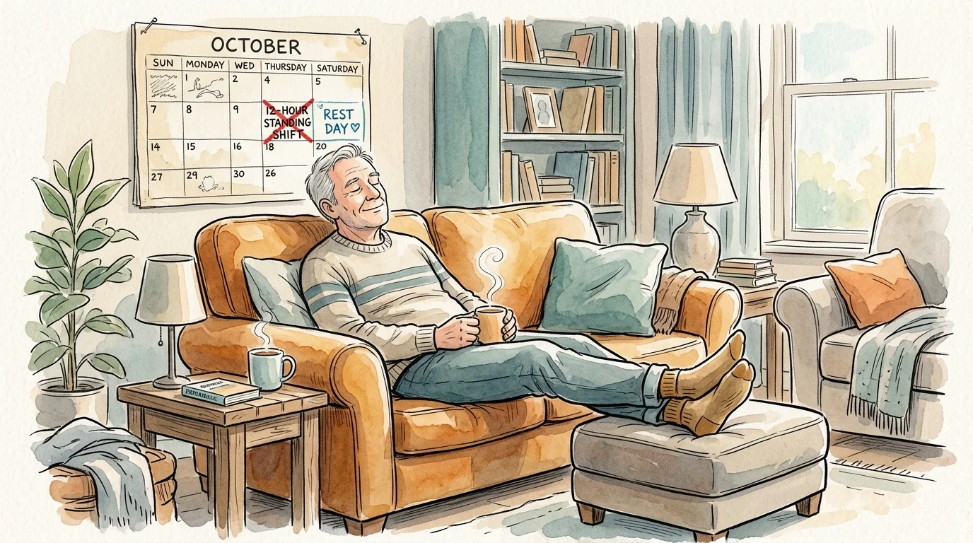 Watercolor illustration of a retiree resting comfortably at home, with a crossed-out overtime shift on a calendar behind him.