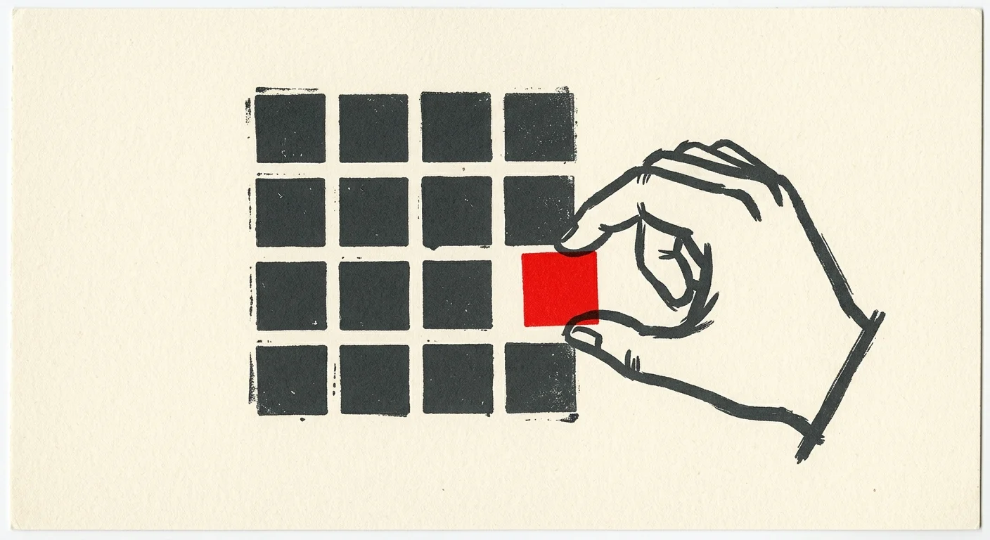 A bold screenprint showing a hand aligning blocks in a grid, symbolizing strategic alignment and avoiding claiming mistakes.
