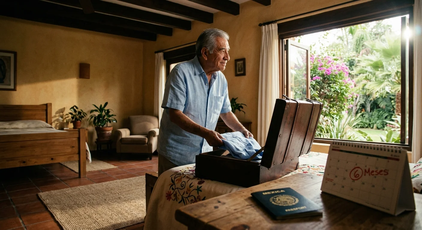 A candid film photo of a retiree packing a suitcase next to a calendar highlighting a 6-month deadline.