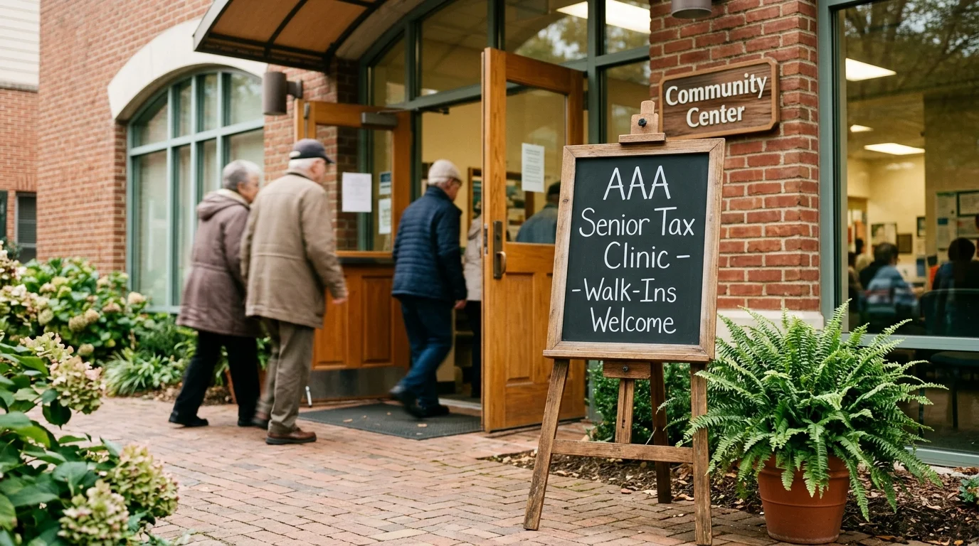 A chalkboard sign on an easel in front of a community center reads 'AAA Senior Tax Clinic'.