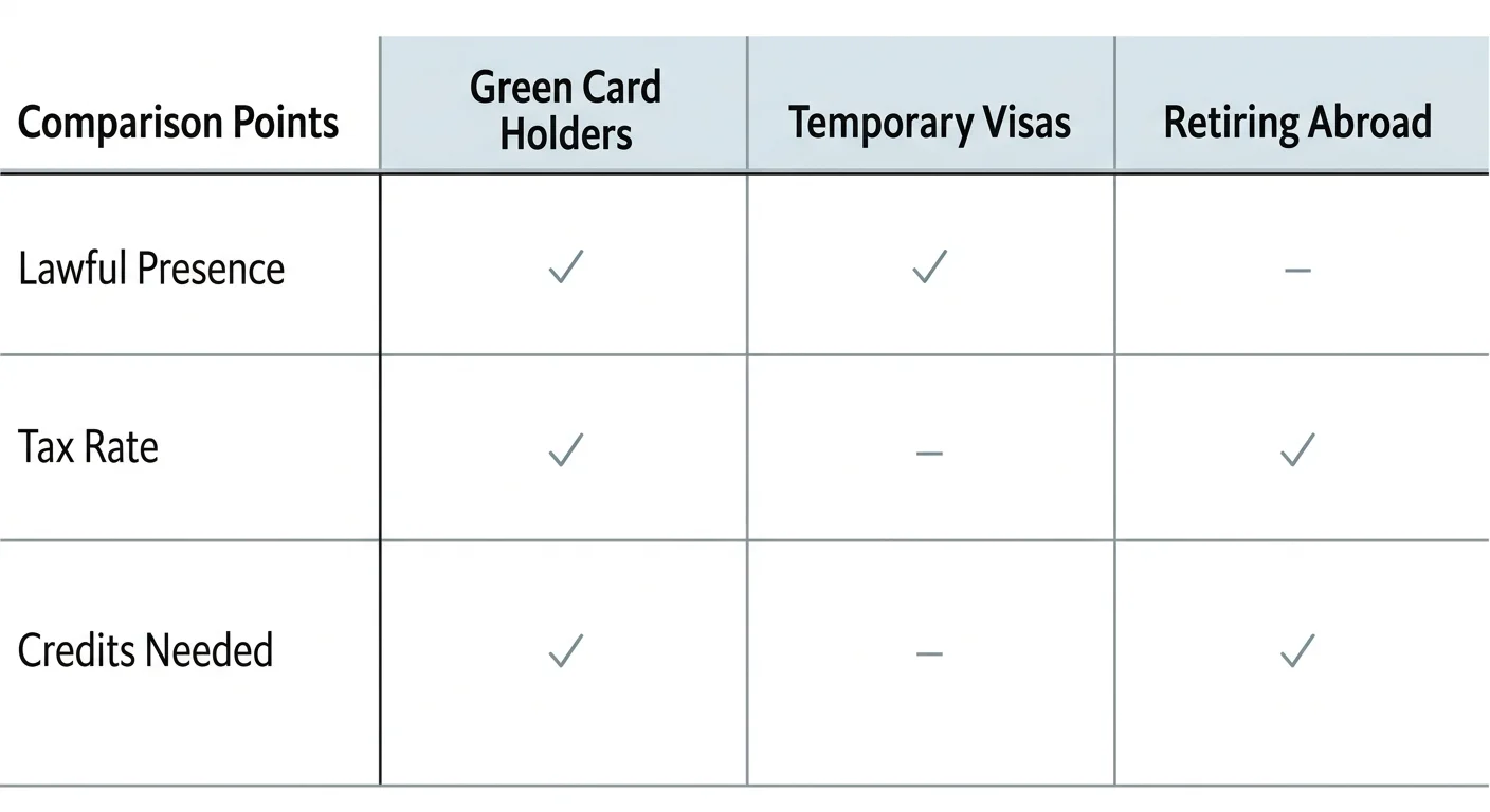 A clean comparison table detailing the rules for Green Card holders, visa workers, and retirees living abroad.