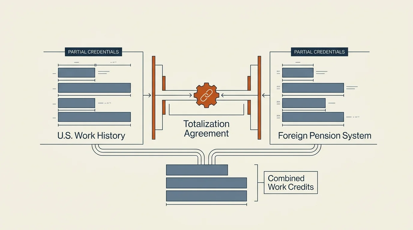 A clean data diagram showing how Totalization Agreements bridge U.S. and foreign work credits to secure retirement benefits.