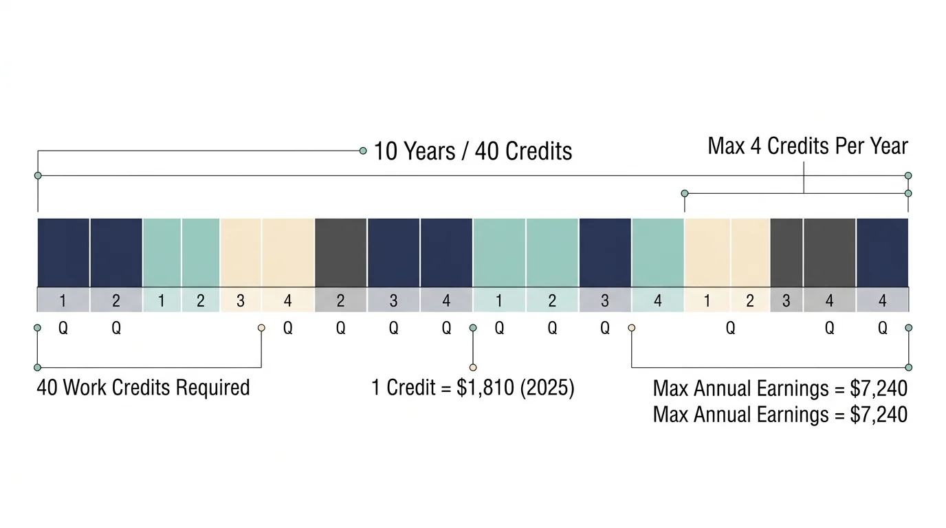 A clean data-viz infographic outlining how non-citizen workers earn the 40 Social Security work credits over 10 years.