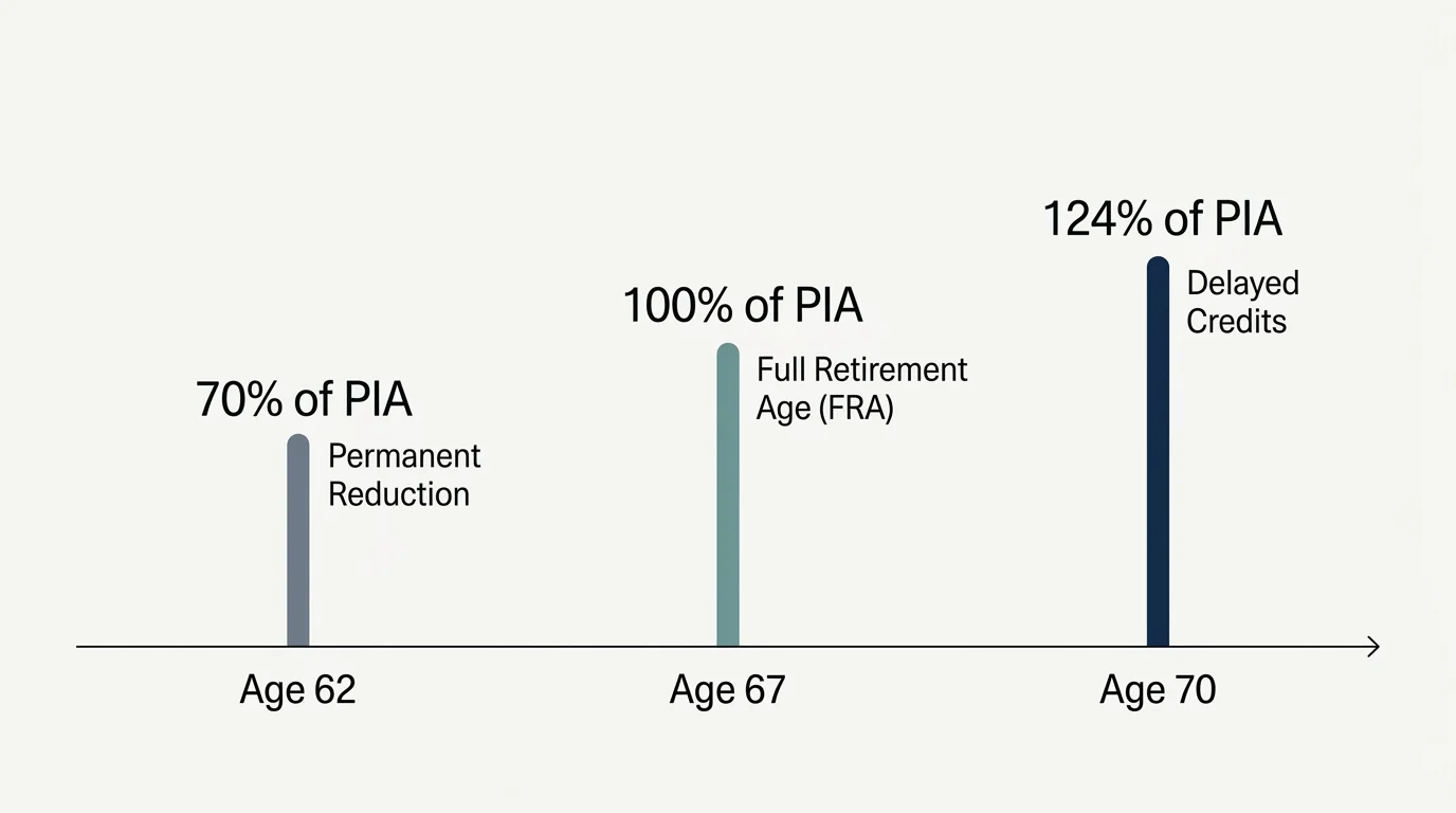 A clean horizontal comparison chart showing Social Security benefit percentages at ages 62, 67, and 70.