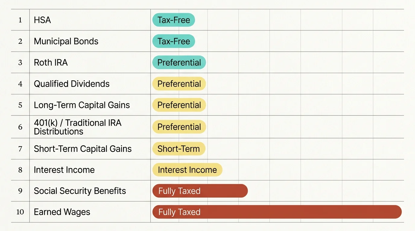 A clean, horizontal data-visualization list comparing 10 retirement income types color-coded from teal to rust-red.