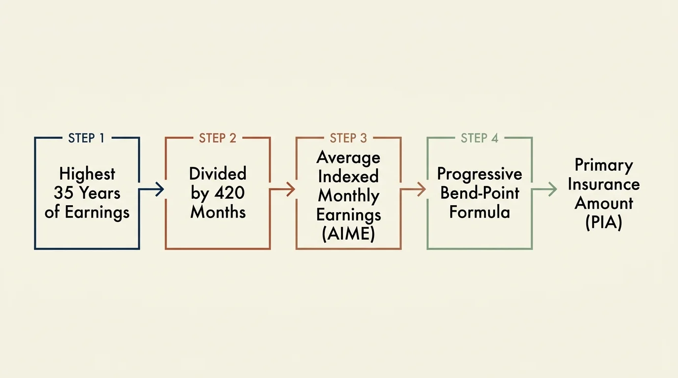 A clean horizontal flowchart demonstrating the mathematical steps the SSA uses to calculate a retiree's Primary Insurance Amount.