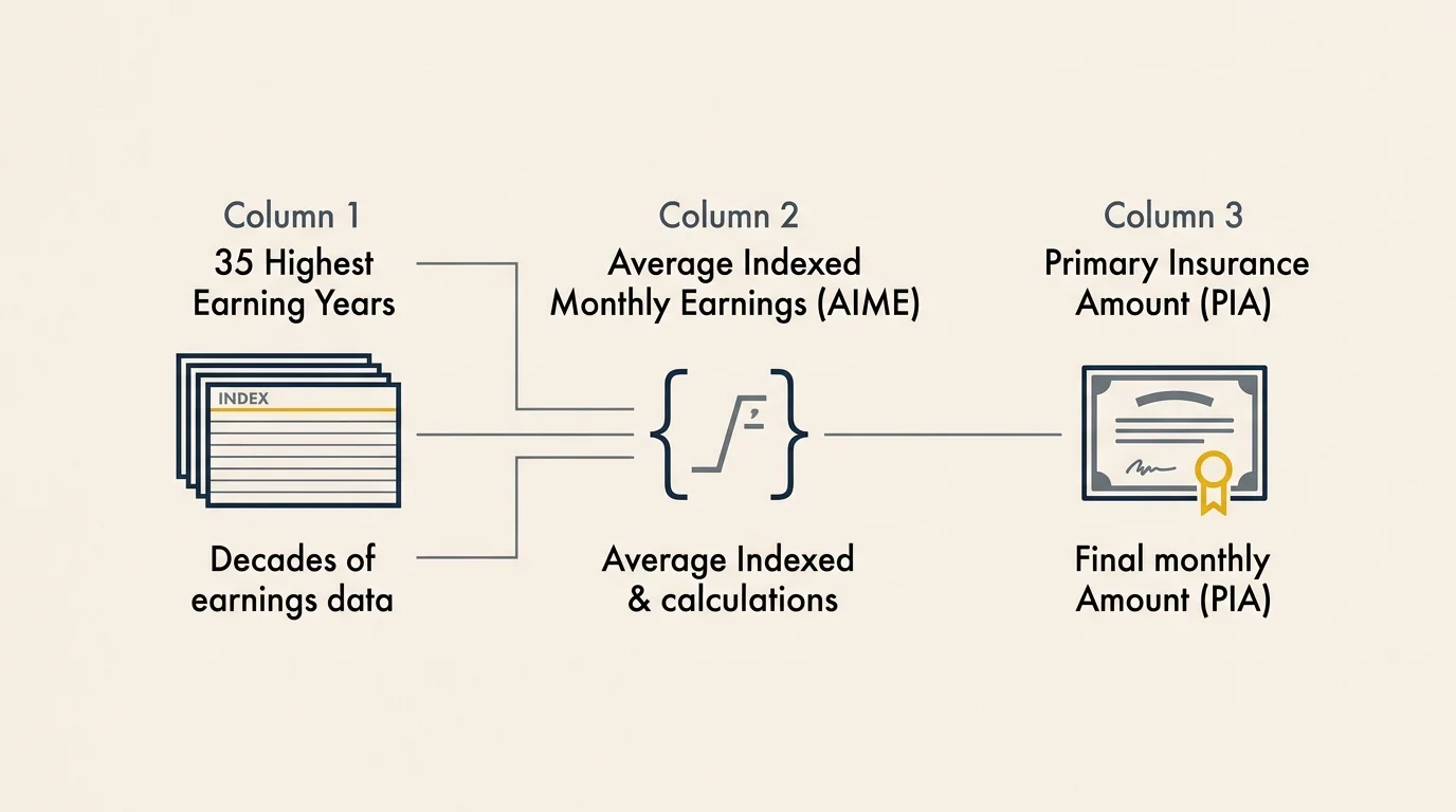 A clean horizontal flowchart demonstrating the transition from 35 years of earnings to AIME, and finally to the Primary Insurance Amount.