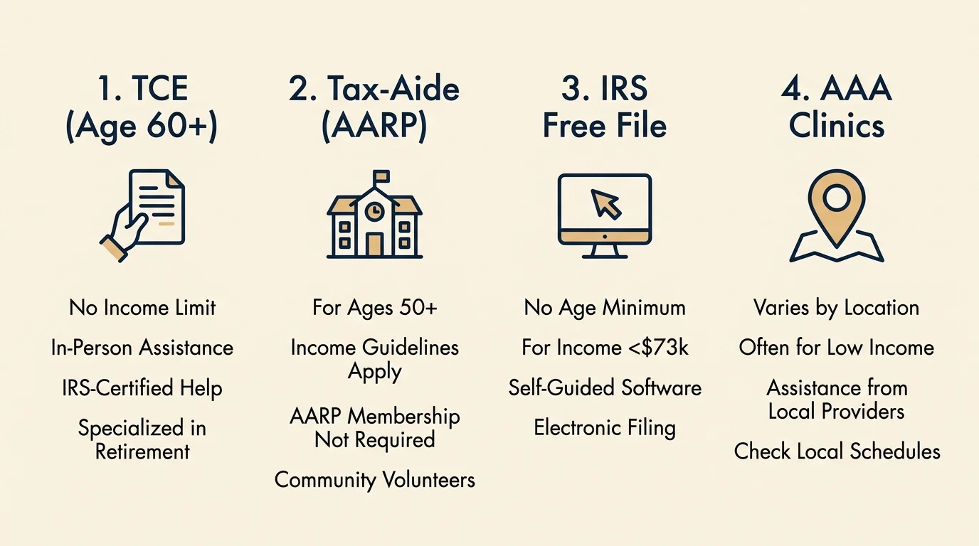 A clean, horizontal infographic showing four free tax assistance options for older adults.