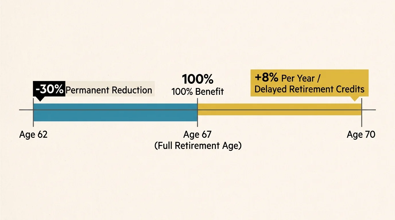 A clean horizontal timeline diagram comparing retirement benefits at Age 62, Age 67, and Age 70.