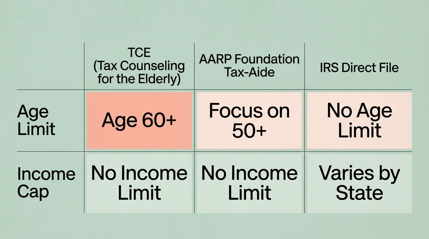 A clean matrix table comparing the age and income limits of TCE, AARP Tax-Aide, and IRS Direct File.