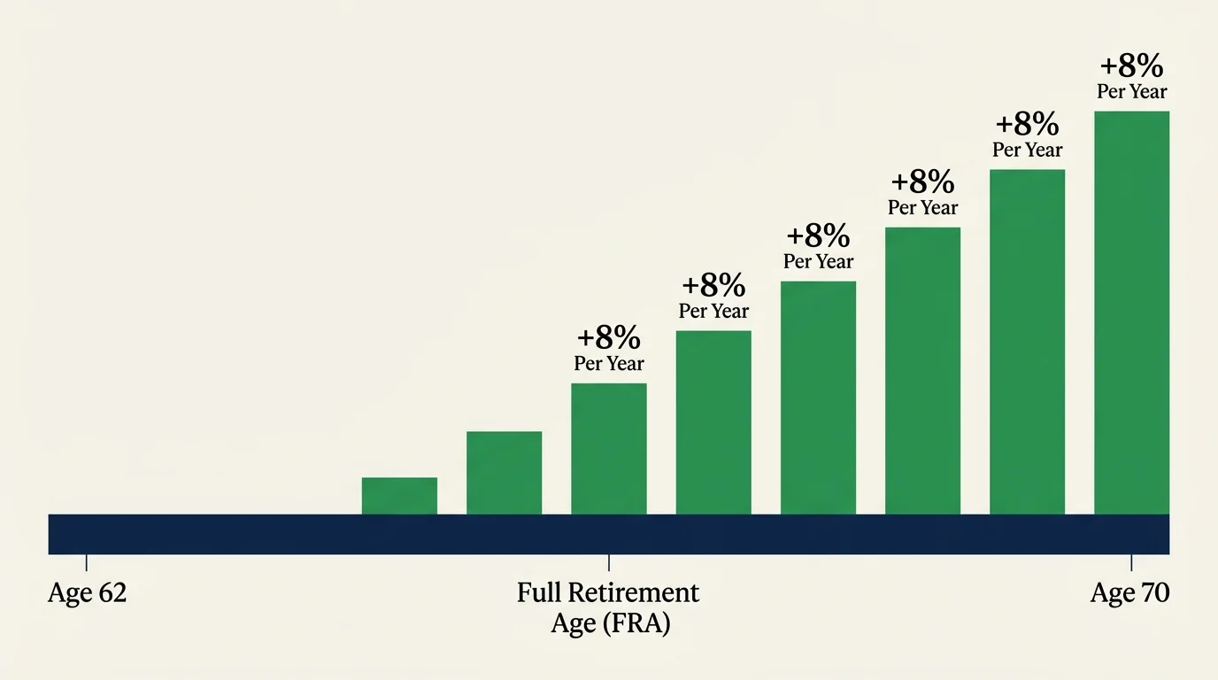 A clean timeline diagram from age 62 to 70, showing the +8% per year increase in benefits for delaying past Full Retirement Age.