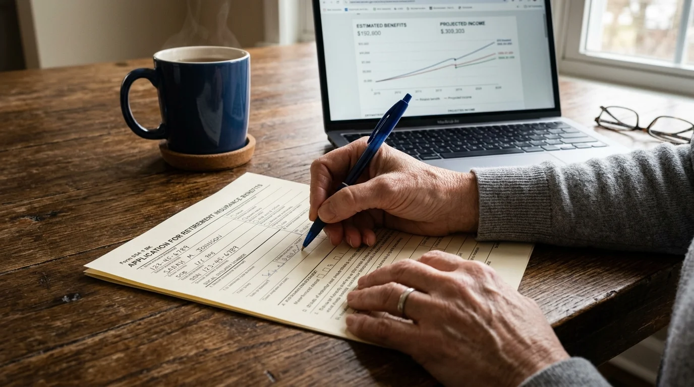 A close-up documentary photograph of a retiree's hands filling out a printed application form at a wooden kitchen table.